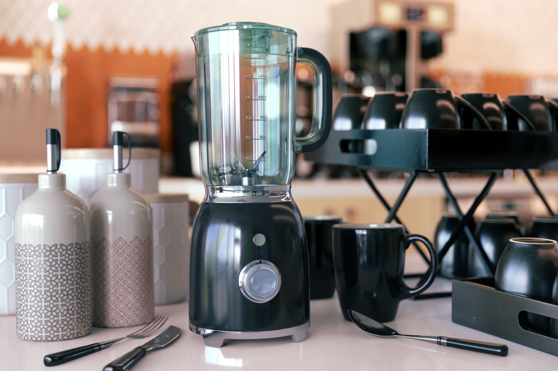 Photorealistic virtual photograph of 3D appliances composited into a kitchen counter top scene.