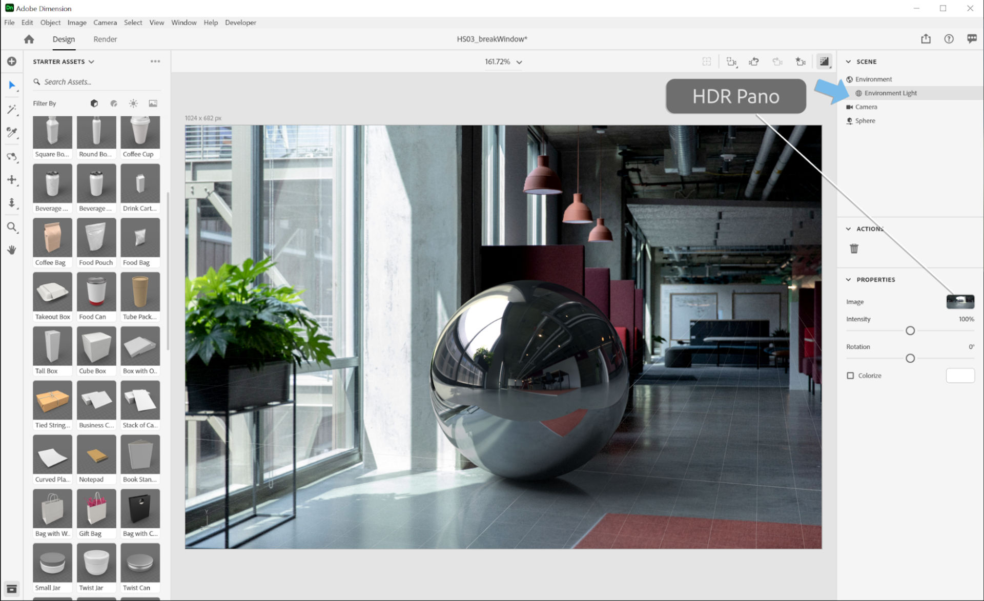 The Environment Light source can be added to the background image of a virtual photograph from the Scene menu in in Adobe Dimension