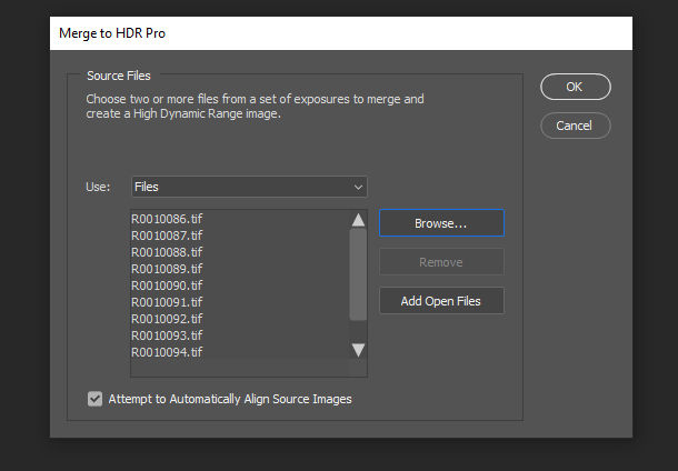 The Merge to HDR Pro file selection menu in Adobe Photoshop.