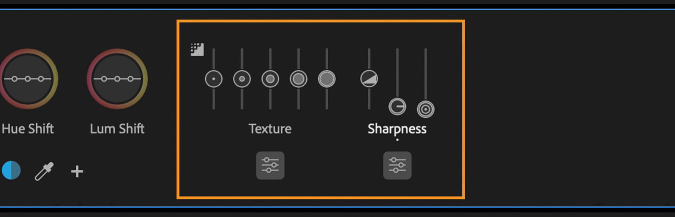 Controls for hue and luminance shifts on the left, with multiple vertical sliders for texture and sharpness adjustments highlighted.