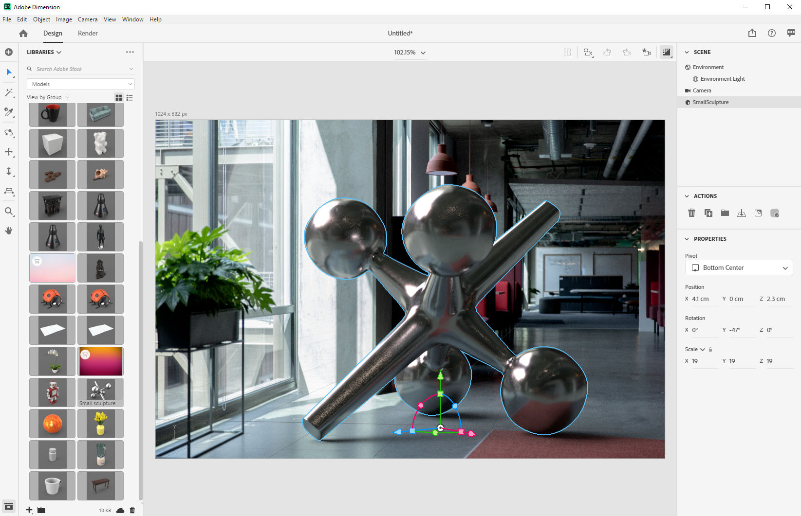 Editing the plane of a metal sphere model in an Adobe Dimension composite.
