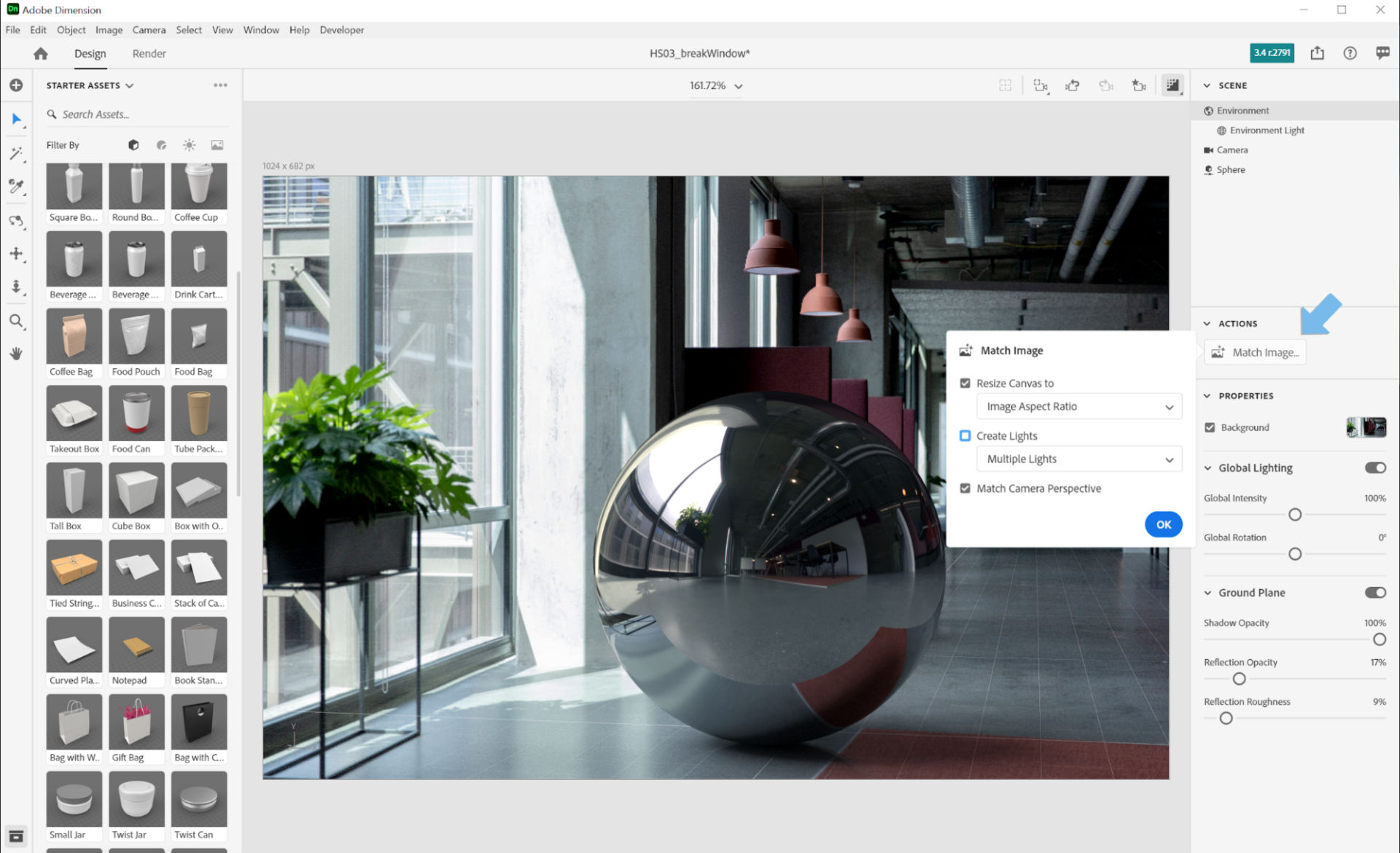 Using the Match Image feature in Adobe Dimension to render a 3D metal sphere image with the environment lights from an HDR panoramic
