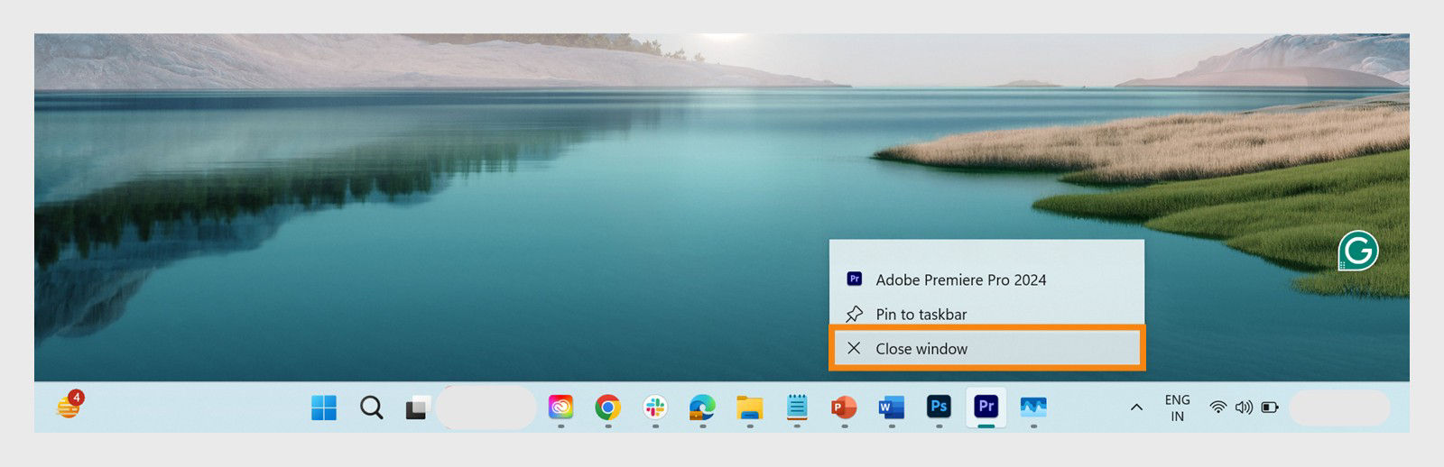 A windows screen displaying the Close window option for Adobe Premiere Pro.
