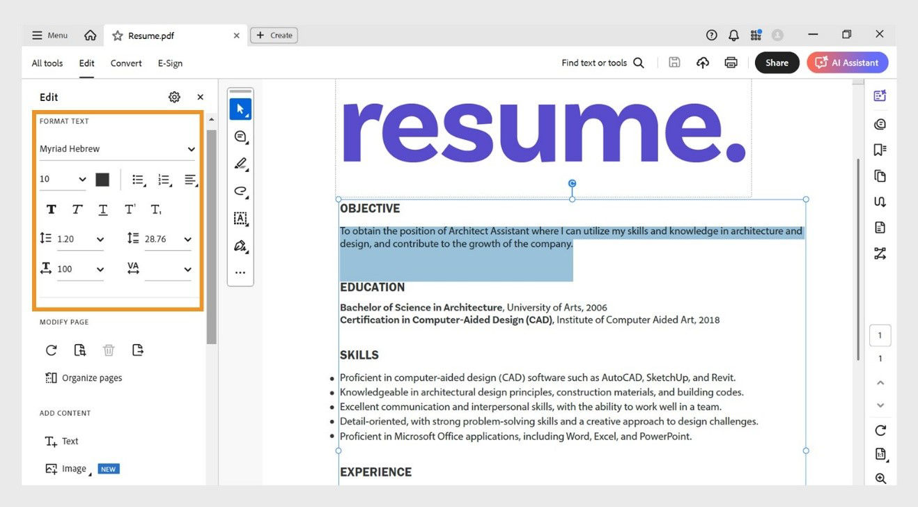The Edit panel displays various text formatting options. The document pane shows selected text for the user to edit., Picture