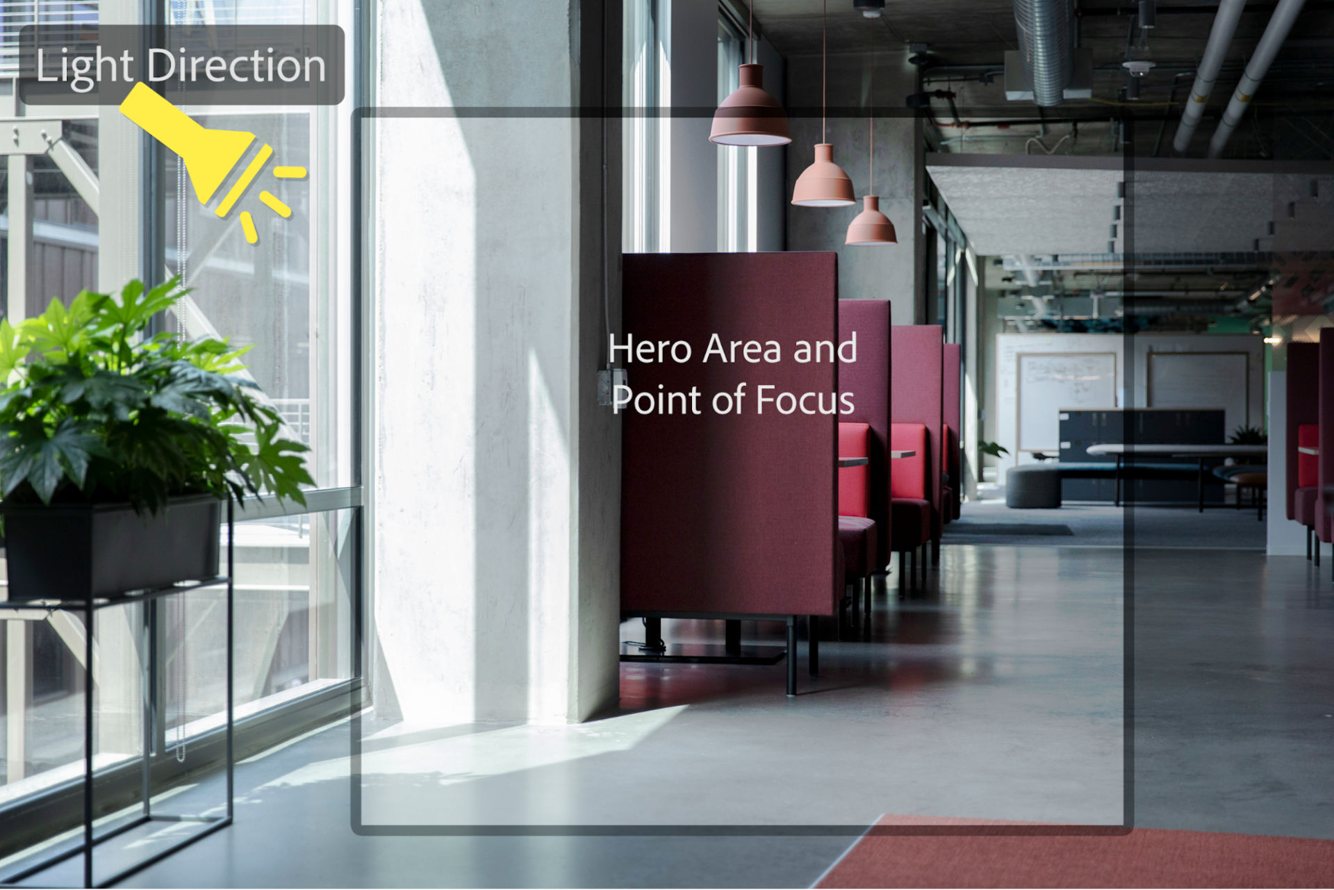 Icons indicate the optimal light direction and point of focus for a virtual photograph background.