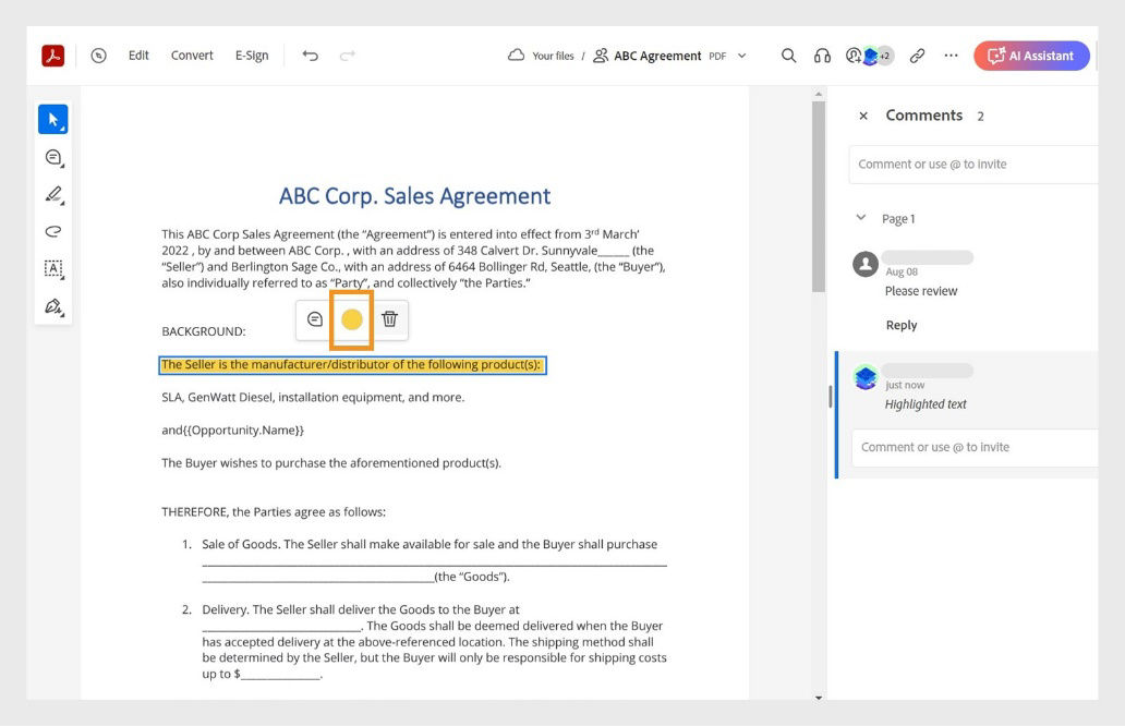 Selected markup displays the context menu with options to change the color, add comments, or delete.