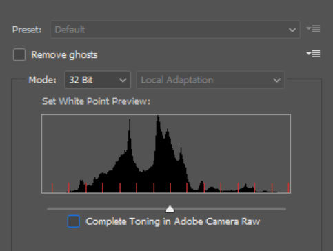 The Merge to HDR Pro configuration settings in Adobe Photoshop.
