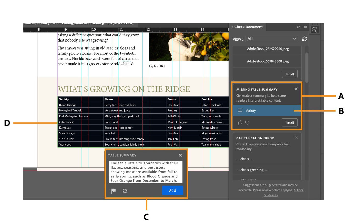 InDesign Check Document panel with a Missing table summary alert, the Table Summary dialog with generated text and an Add button, and a four-column citrus variety table in the layout.