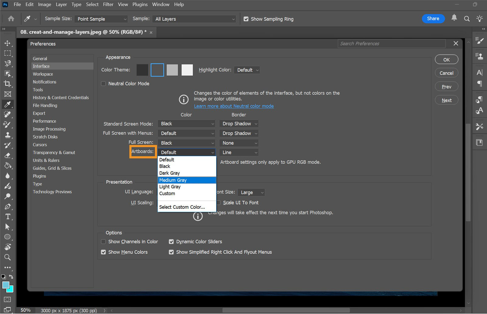 Photoshop Preferences dialog box showing artboard appearance settings, including color and border options.