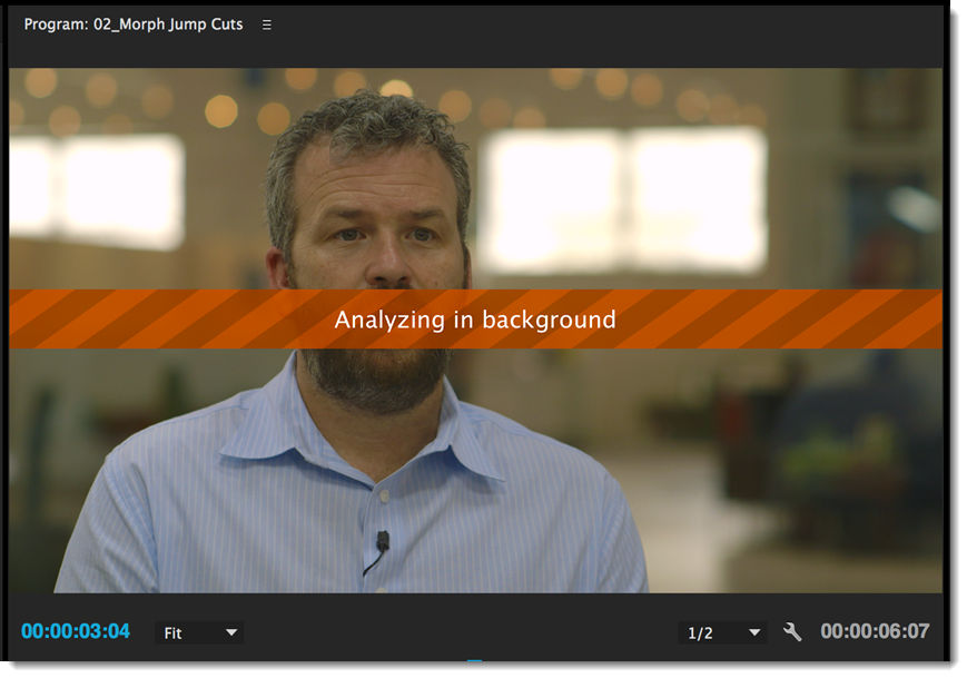 Screenshot of Premiere Pro analyzing footage when using Morph Cut transition