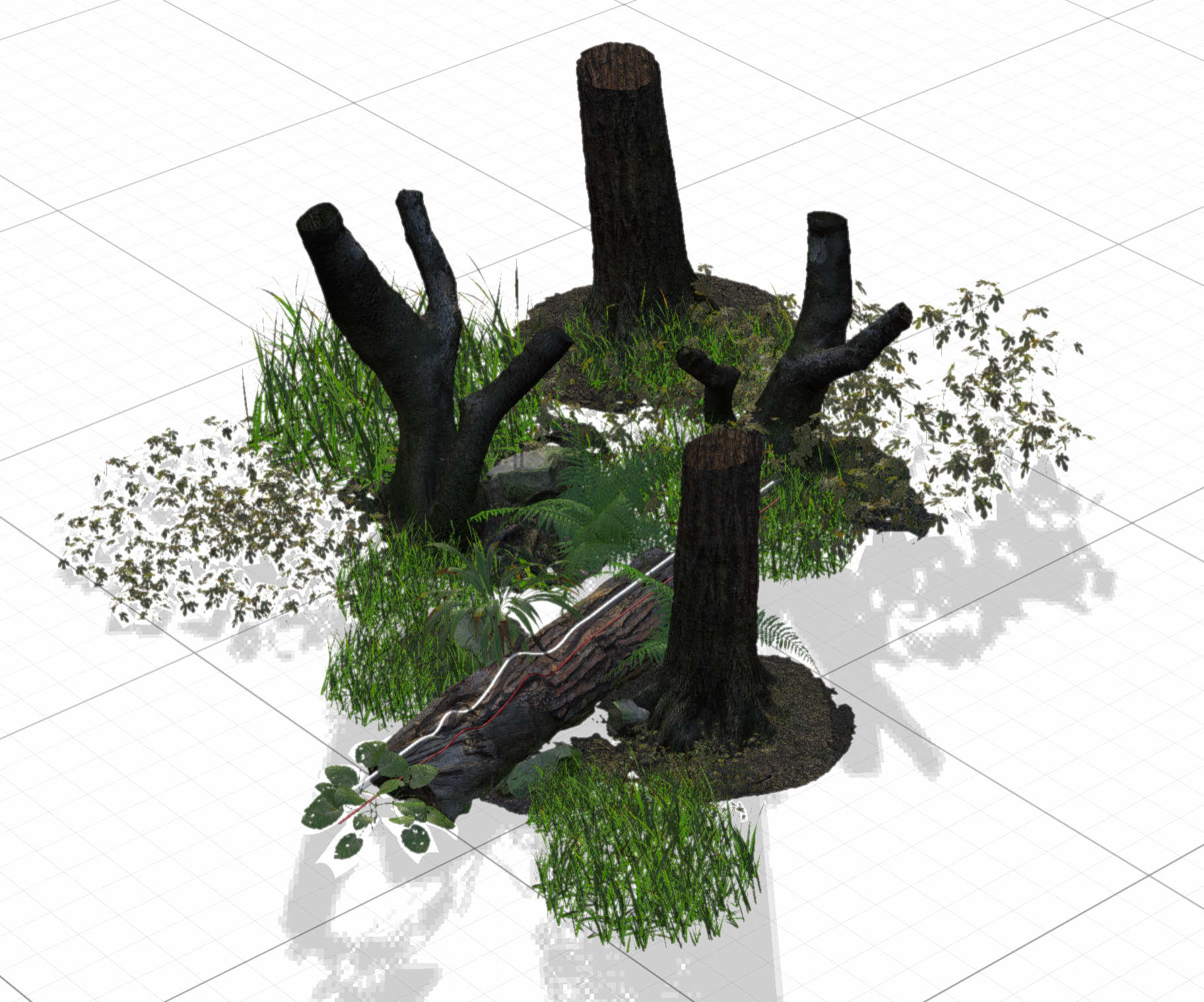 Objects in a 3D forest scene indicate how light will interact with the environment.