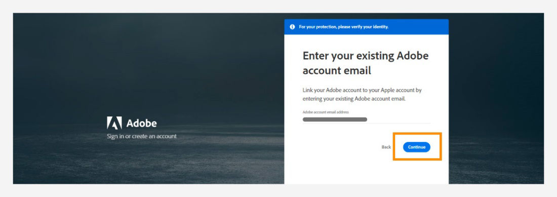 Enter your existing Adobe account email address