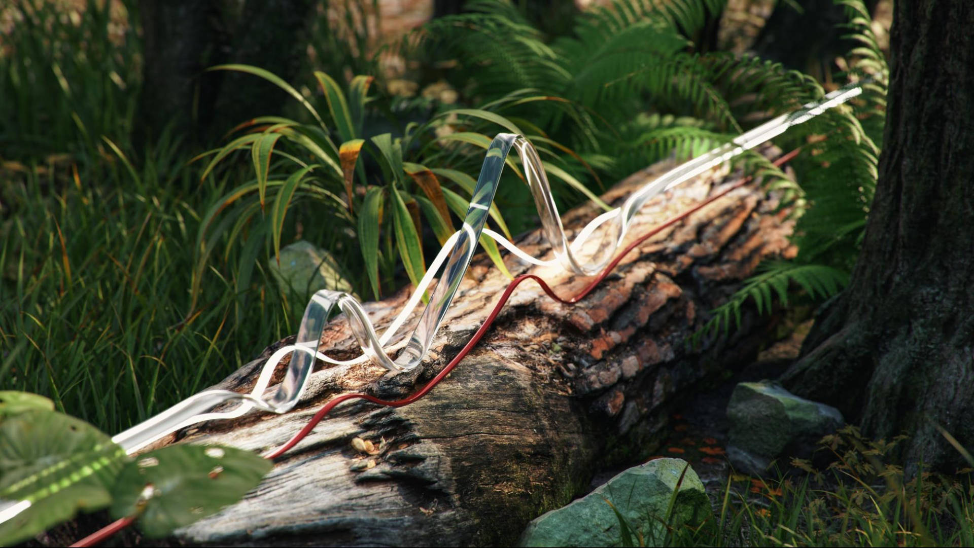 A scene of a tree stump on a forest floor, intertwined with CGI wires and ribbons illuminated with outdoor 3D lighting.