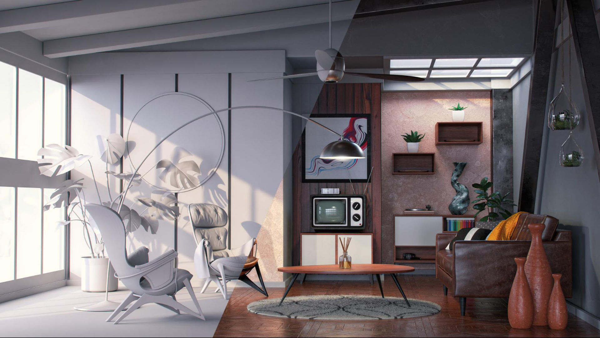 CGI living room render comparison with neutral gray matte material on the left compared to finished materials on the right.