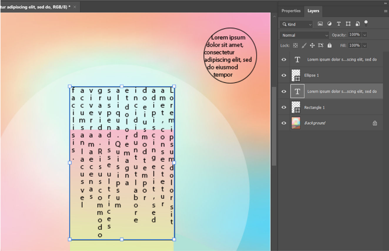 A Photoshop document showing vertical text inside a rectangle and horizontal text inside a circle with the Layers panel visible.