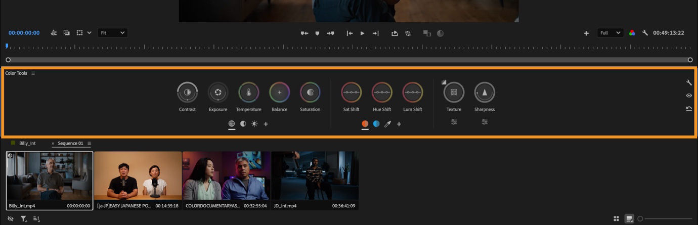 Color Tools panel with color adjustment controls above the Clip Grid in Color mode.