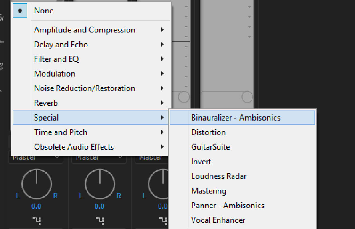 Screenshot of the Binauralizer-Ambisonics effect available under the Special option.