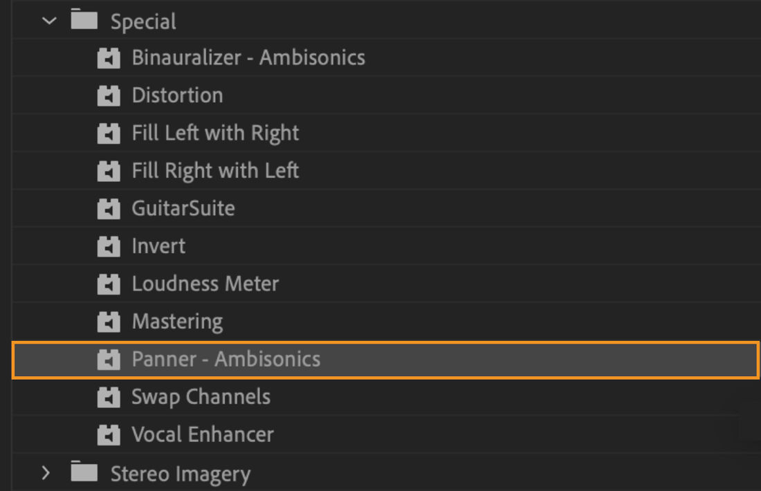 The Ambisonics Panner effect selected to apply it to the audio clip to reorient the audio sphere.  