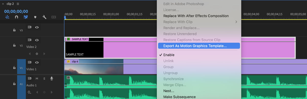 A screenshot that has the Export As Motion Graphics Template option selected from the context menu triggered after a right-click the graphic clip.