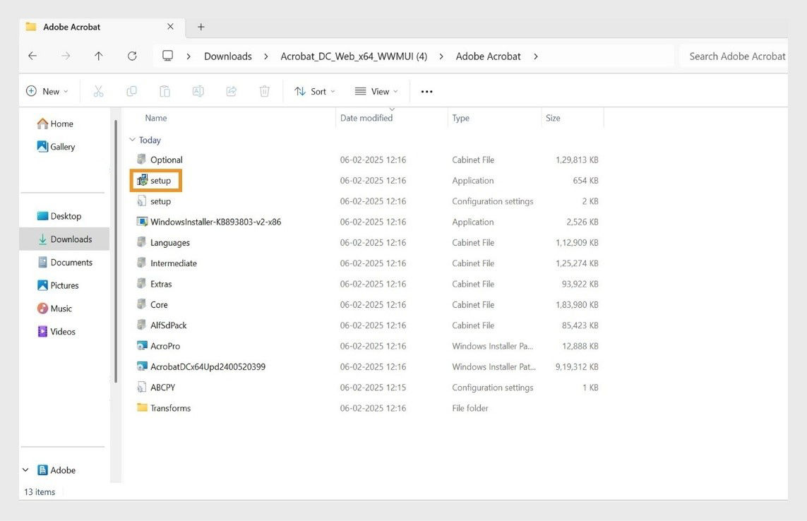 The Adobe Acrobat installer file components are displayed and the setup file is highlighted in orange., Picture