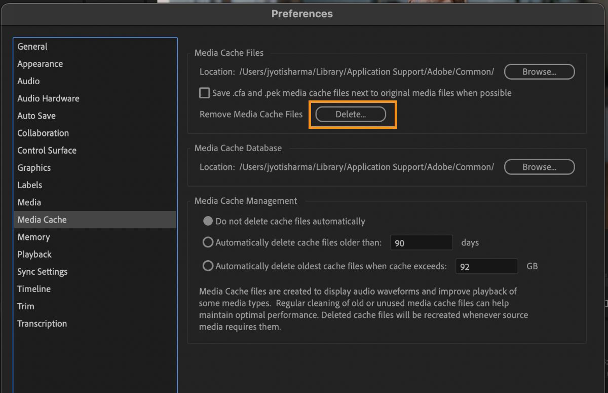 UI of Preferences dialog box highlighting the Delete option next to Remove Media Cache Files.