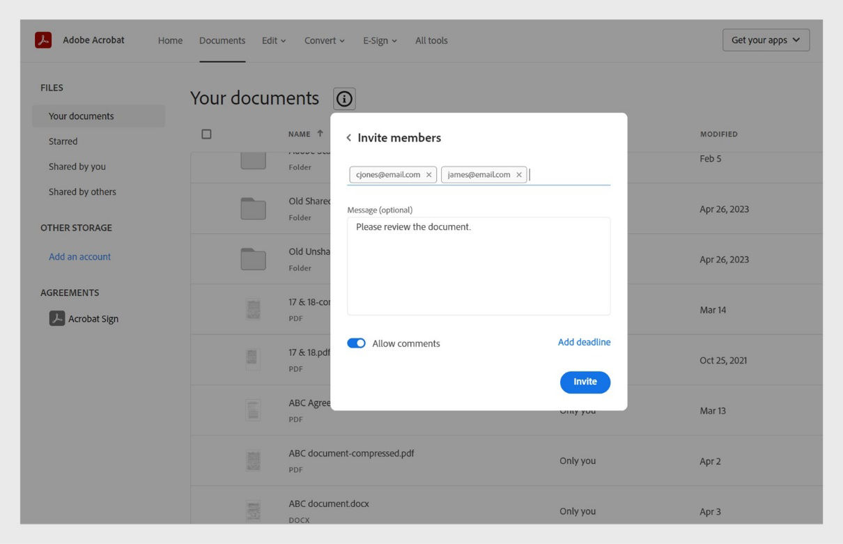 Invite members dialog shows invited members' emails, Message field, Allow comments toggle, and Invite button.