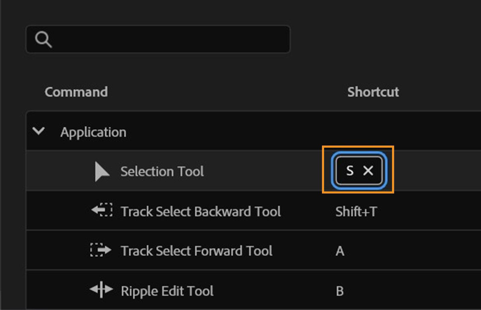 The panel displays options to customize shortcuts, such as assigning S to the Selection Tool or removing a shortcut by pressing X.