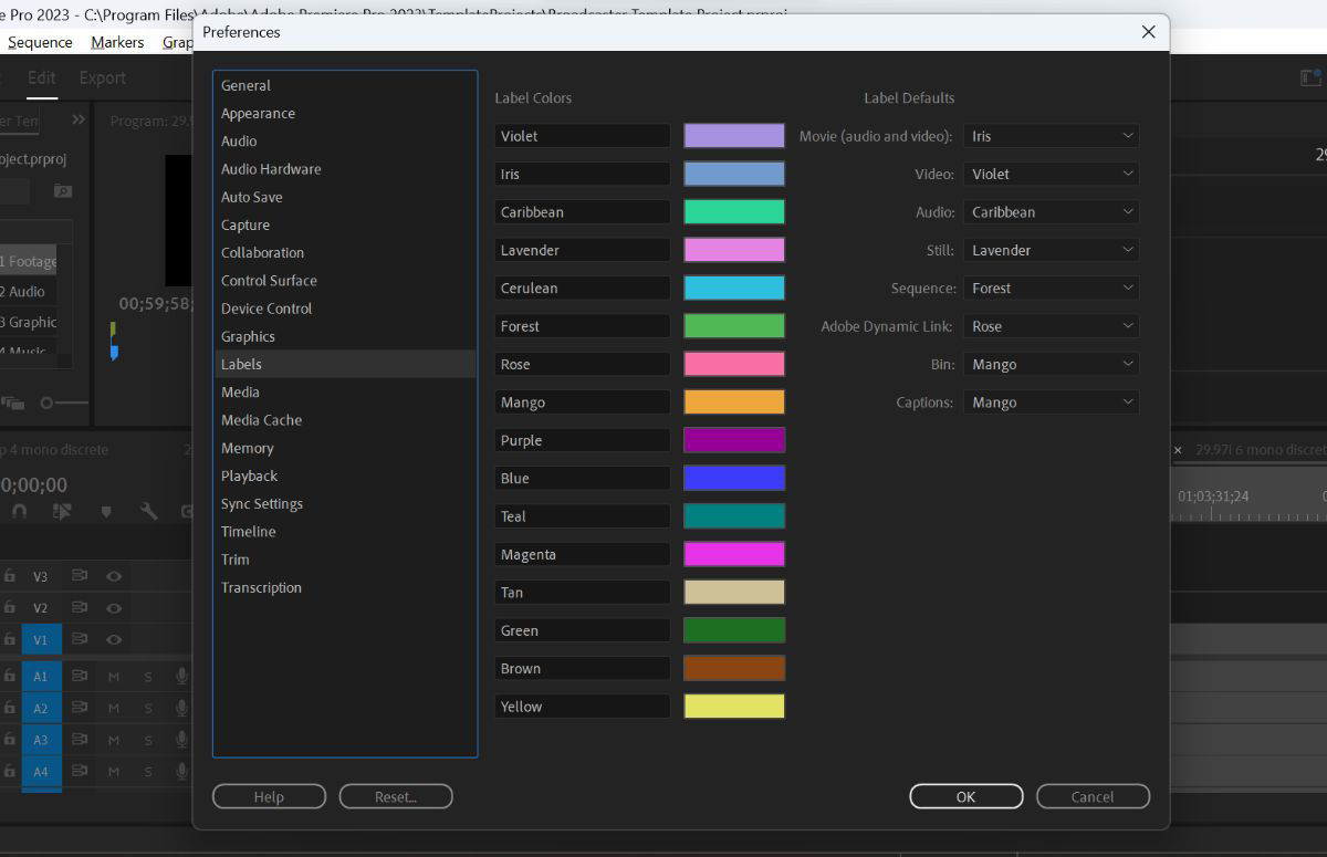 Screenshot showing the Labels preferences options within the Preferences panel.