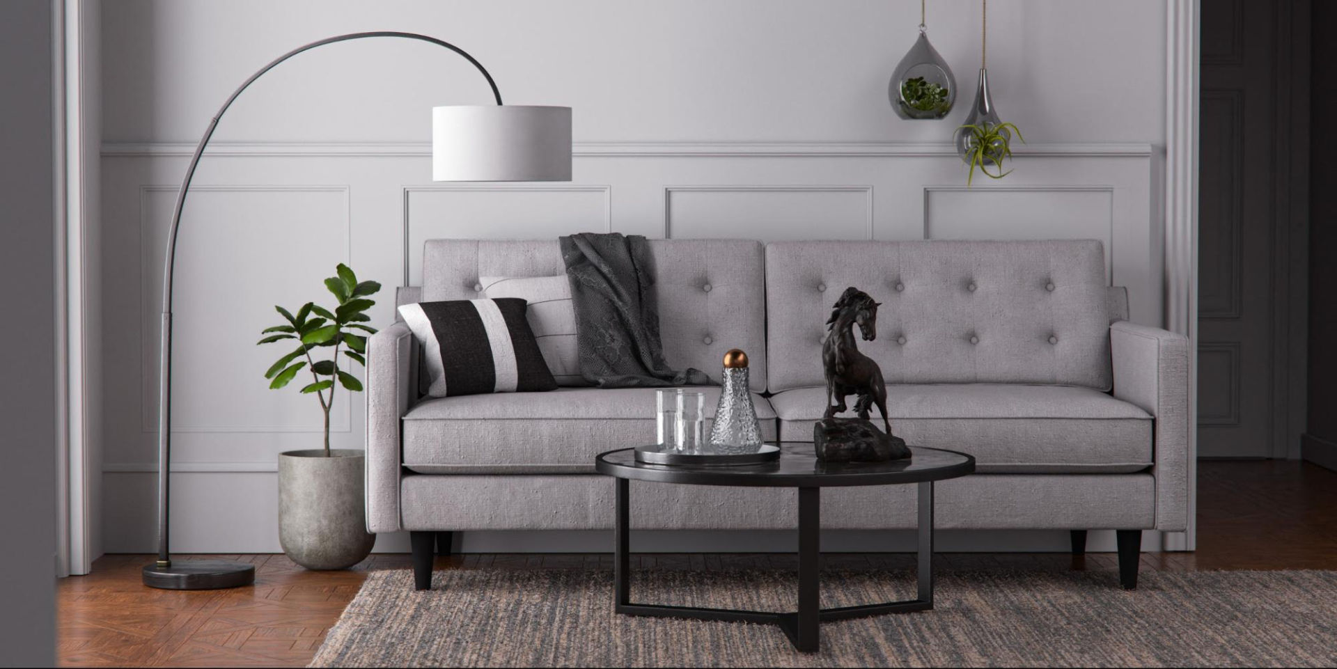 A 3D interior scene of a living room.