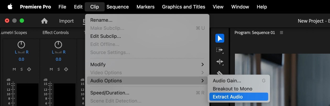 Clip menu in Premiere Pro with Audio Options expanded and Extract Audio highlighted, allowing users to separate audio from a selected video clip., Picture