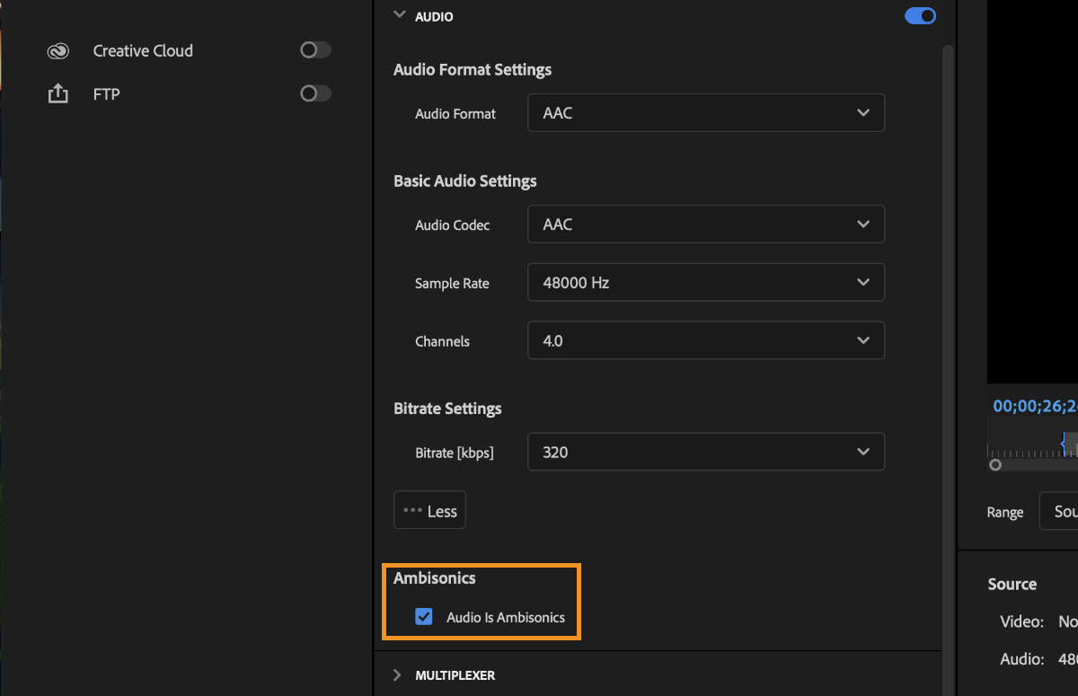 The Audio is Ambisonics checkbox checked to indicate that a clip contains Ambisonics audio.