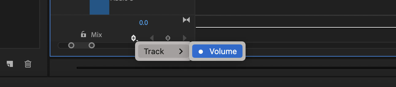 The Volume effect showing in the Show Keyframe context menu.