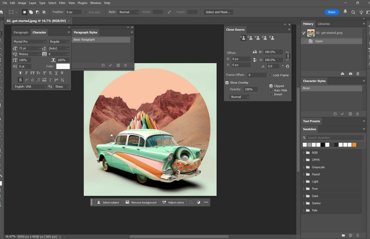 Multiple panels open and arranged in the Photoshop workspace to show how panels can be moved and organized.
