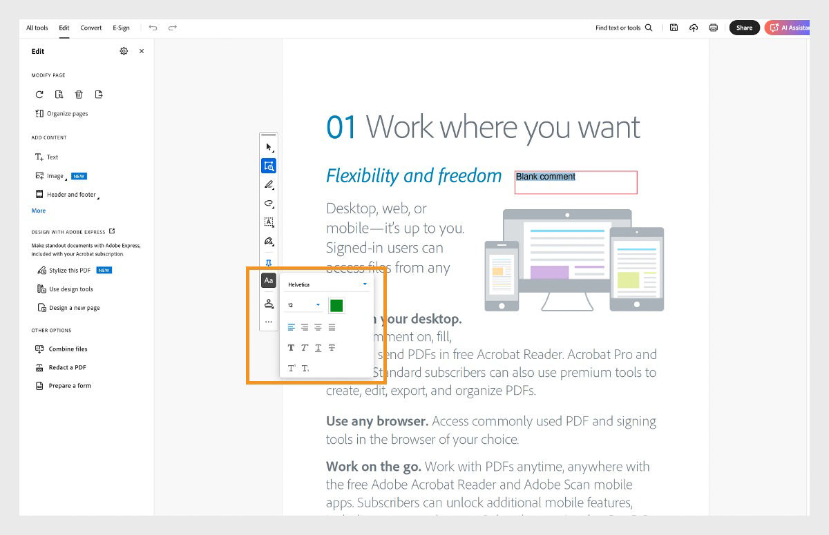 Quick action toolbar displays the select or change properties for the selected text button that has align text and text formatting options. 