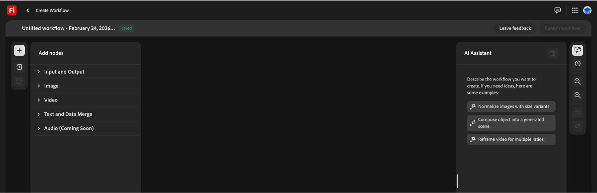 All new pages display the Add nodes and AI Assistant panels by default.