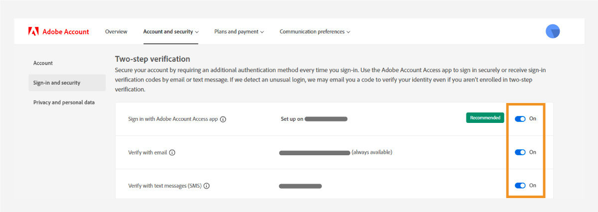 Use the toggle to deactivate two-step verification for the Adobe Account Access app.