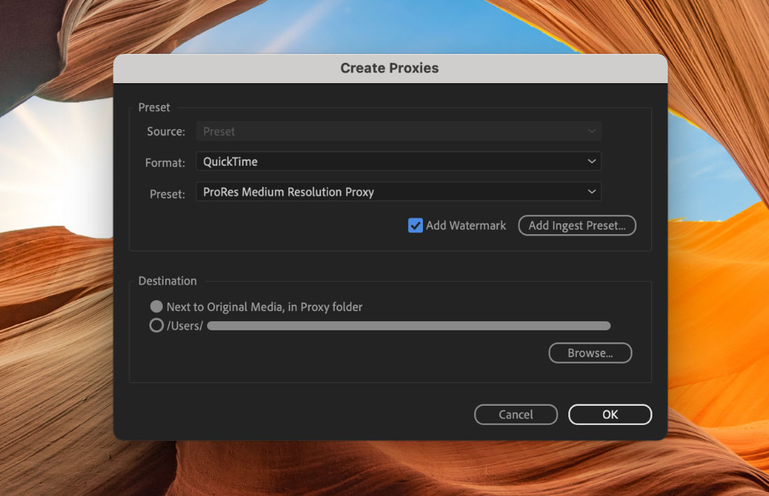 A screenshot that shows the default preset or select a preset based on on your file format.