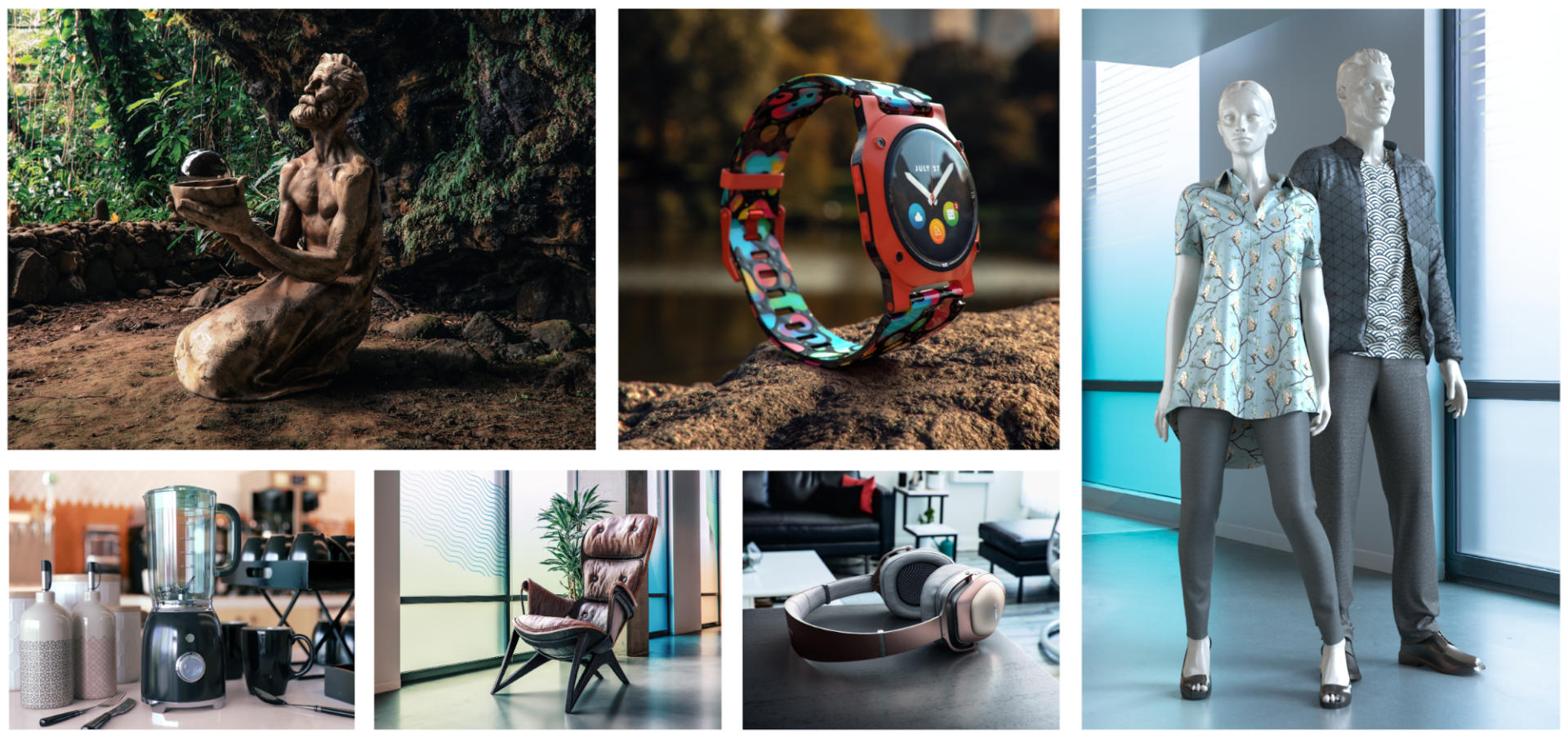 A collage of examples featuring photorealistic virtual photographs designed with Adobe Dimension.