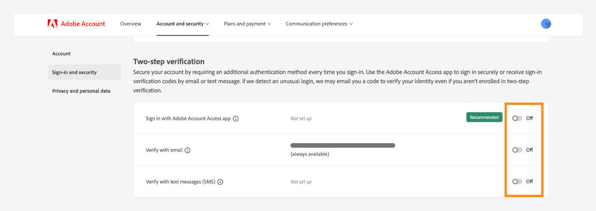 Use the toggle to activate two-step verification.