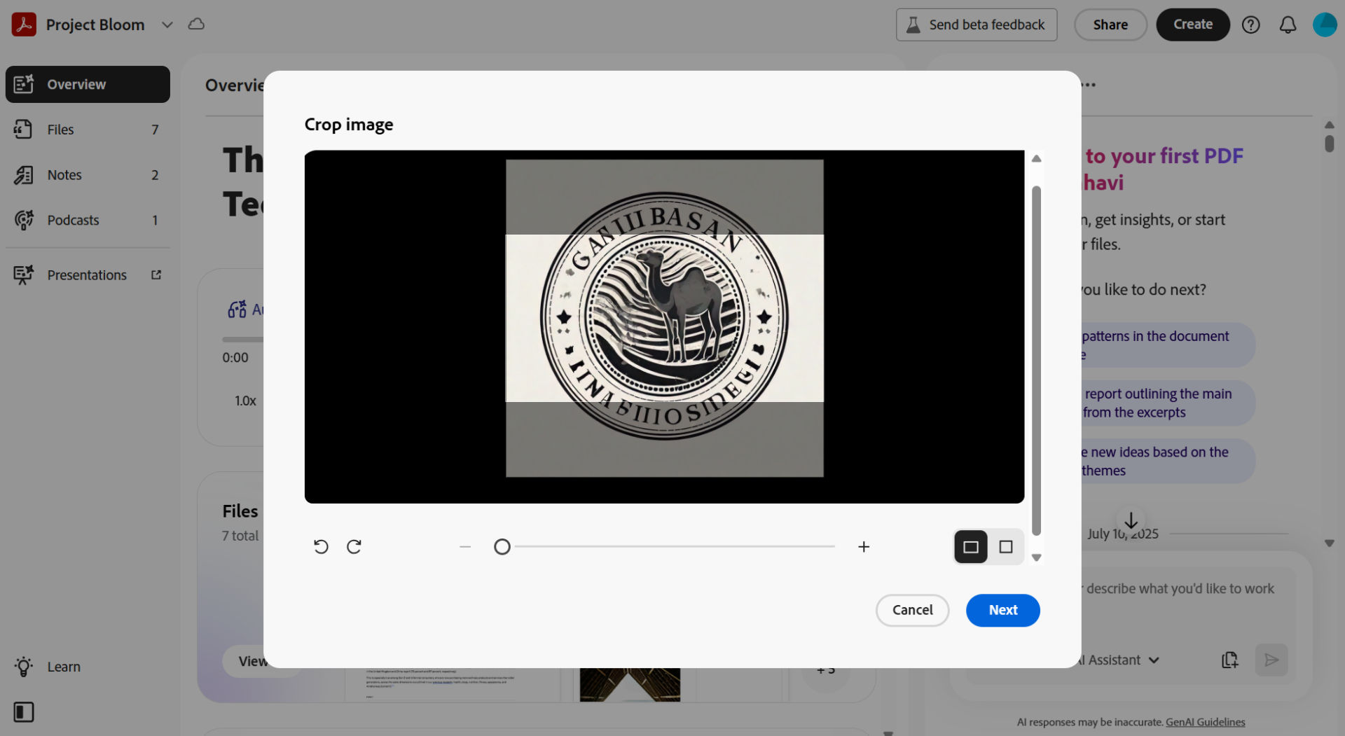 Crop image dialog showing a selected image with adjustable crop handles and zoom controls before confirming changes.