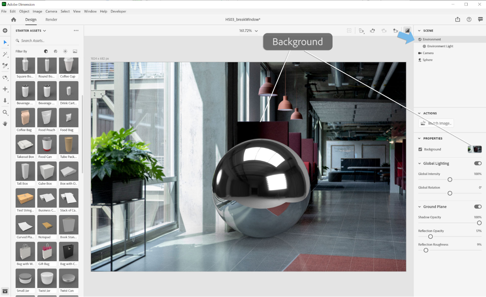The background image for a virtual photograph can be selected from the Properties menu in Adobe Dimension.
