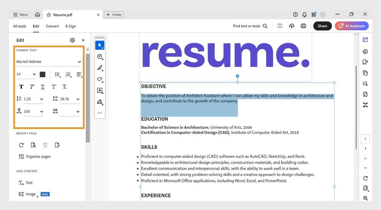 The Edit panel displays various text formatting options. The document pane shows the text selected for the user to edit., Picture