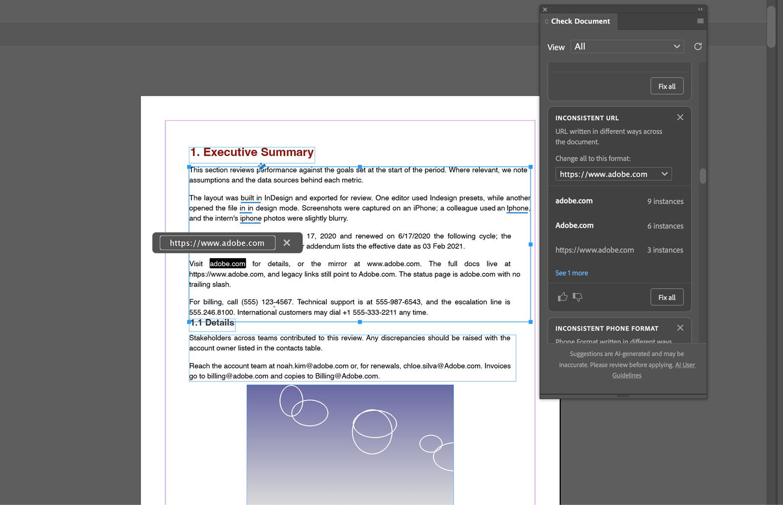 Check Document panel showing inconsistent URL formats and the recommended format to apply.