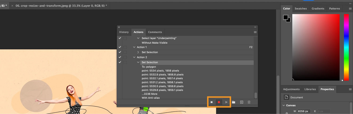 In the Actions panel, the Pause, Record, and Play button is highlighted to record action.