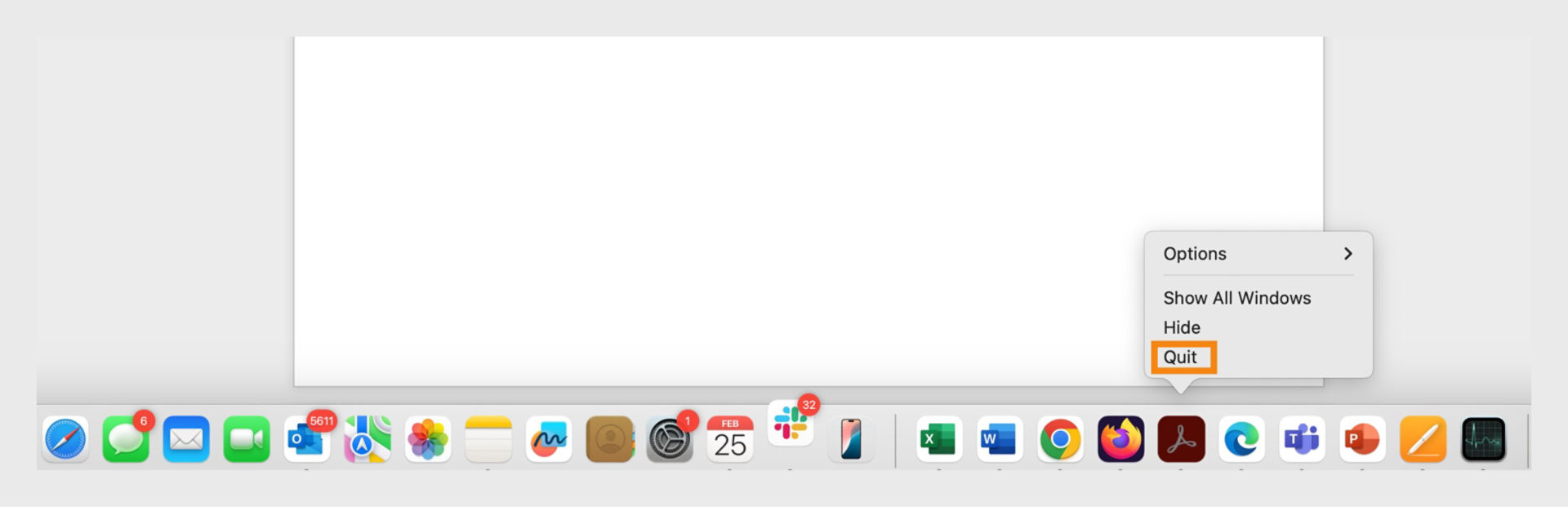 macOS screen displays the Quit option for Adobe Acrobat.