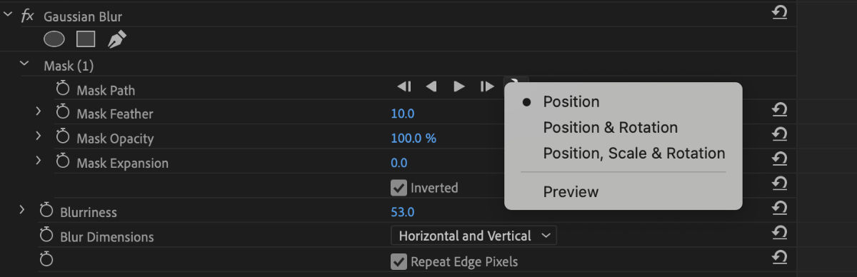 Editable mask properties that you can select when tracking a mask