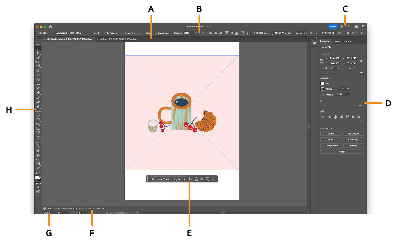 Illustrator workspace with various components highlighted.