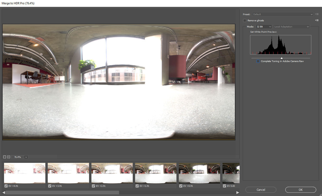 The Merge to HDR Pro preview screen in Adobe Photoshop