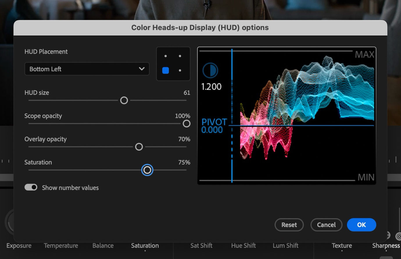 HUD overlay with vectorscope visible while adjusting a color control in the Color panel.