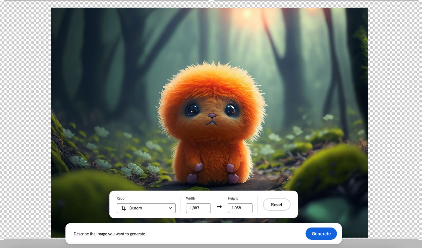 Digital illustration of a cute, fluffy orange creature with large eyes and a small nose, set against a soft green background. Below the image are editing options for expanding the image by adding new ratio, width, and height dimensions.